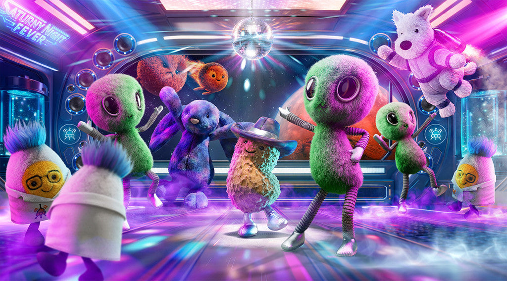 Jellycat characters dancing in outer space