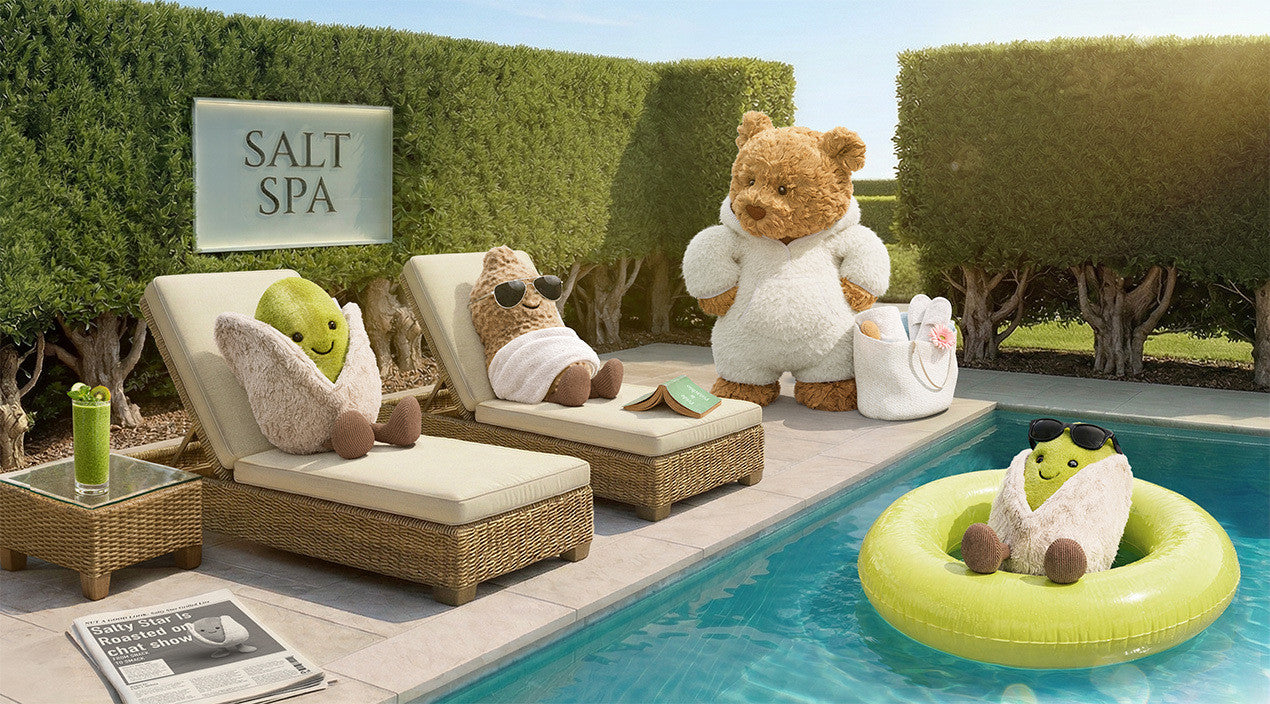 Jellycat Salt Spa characters by the pool